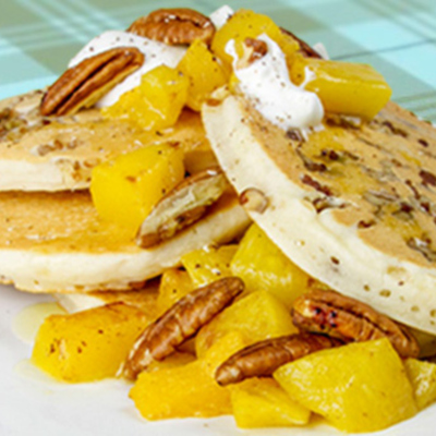 Pancakes - Spiced Pecan Pancakes with Mango Compote